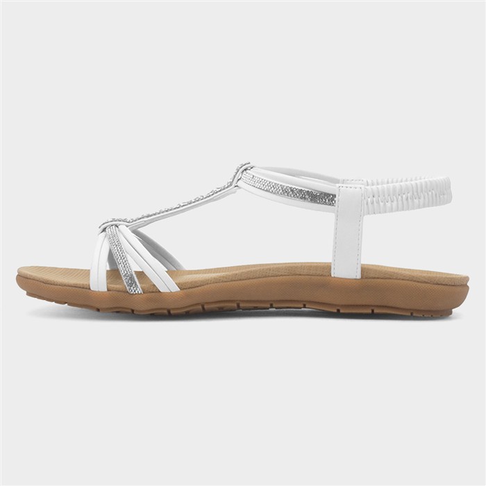 Womens White Strappy Diamante T-Bar Sandal