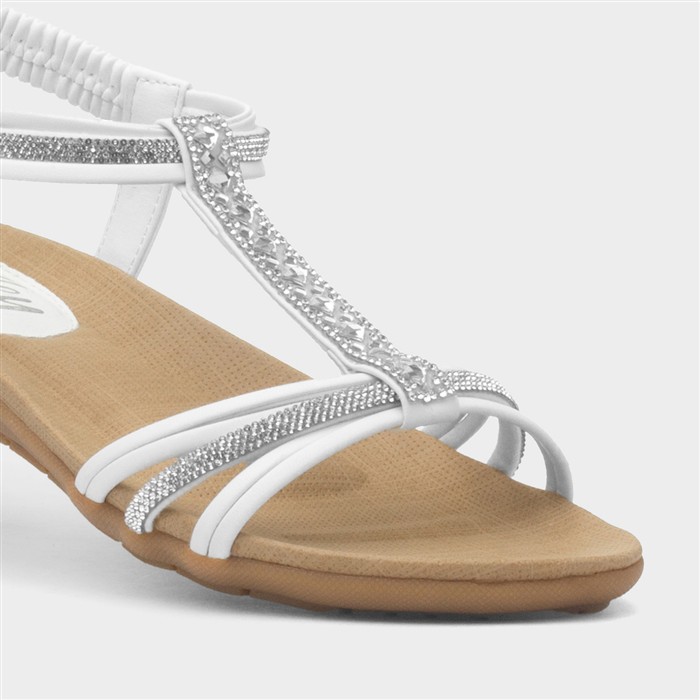 Womens White Strappy Diamante T-Bar Sandal