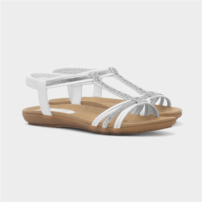 Womens White Strappy Diamante T-Bar Sandal