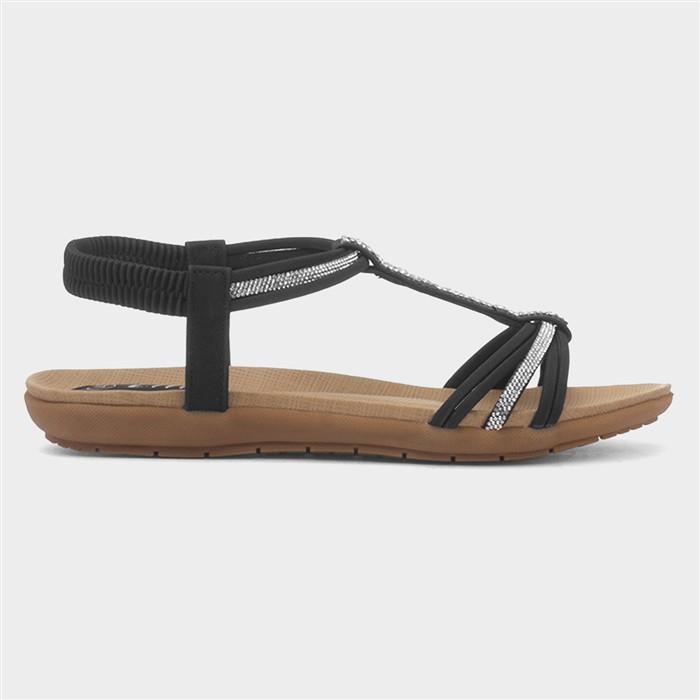 Womens Black Strappy Diamante T-Bar Sandal