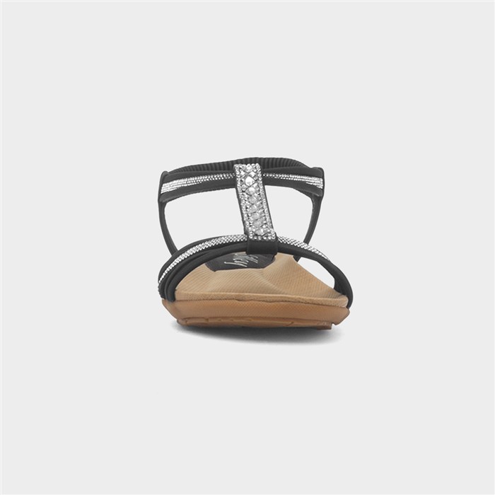 Womens Black Strappy Diamante T-Bar Sandal