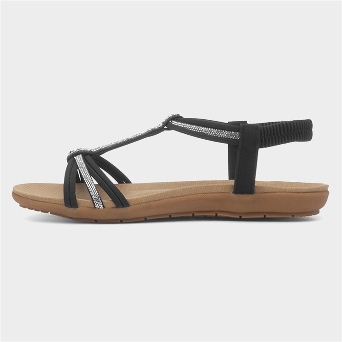 Womens Black Strappy Diamante T-Bar Sandal