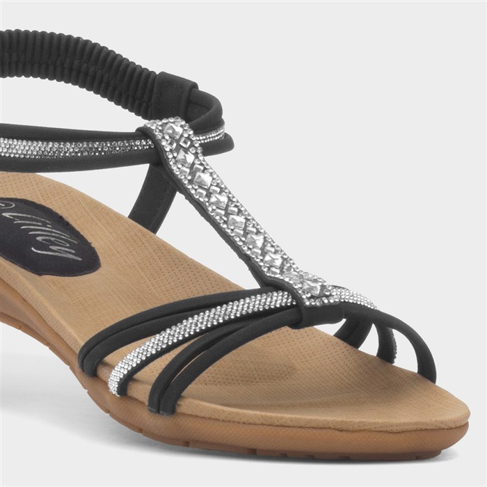 Womens Black Strappy Diamante T-Bar Sandal