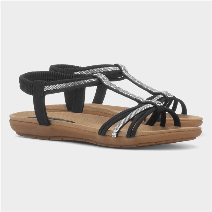 Womens Black Strappy Diamante T-Bar Sandal