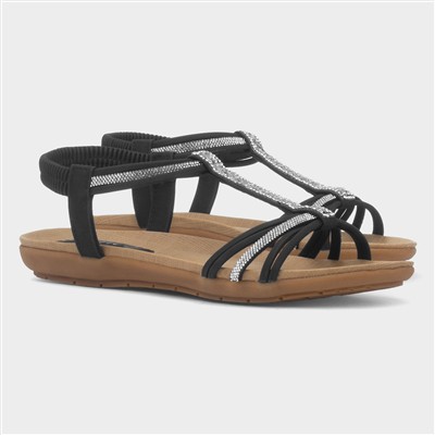 Womens Black Strappy Diamante Sandal