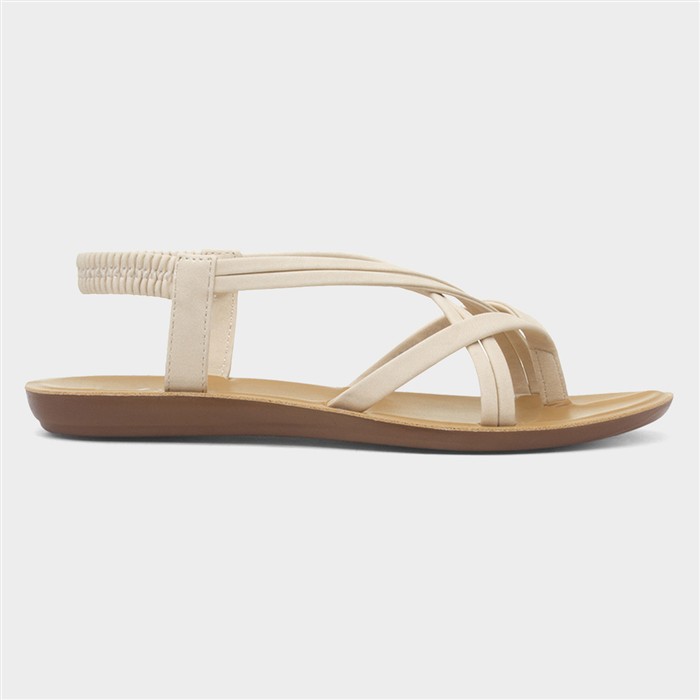 Womens Cream Flat Strappy Toe Post Sandal