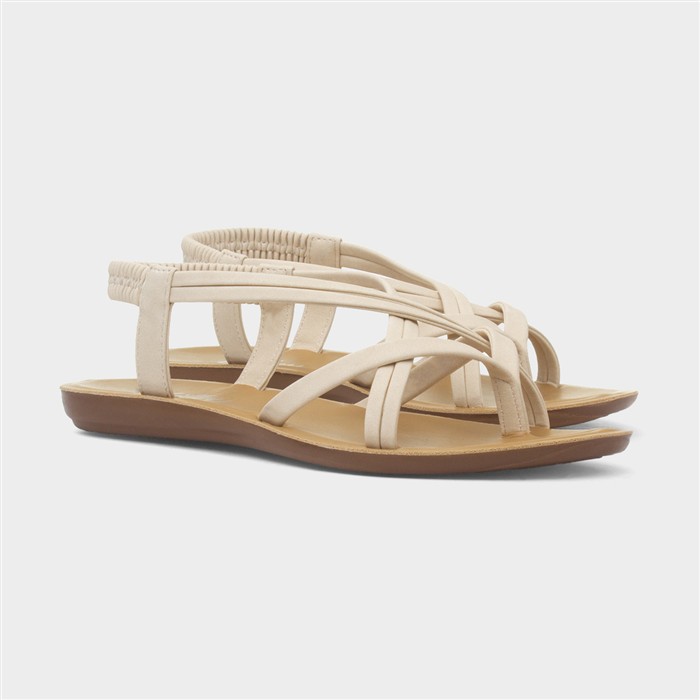 Womens Cream Flat Strappy Toe Post Sandal