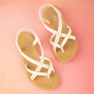 Womens Cream Flat Strappy Toe Post Sandal