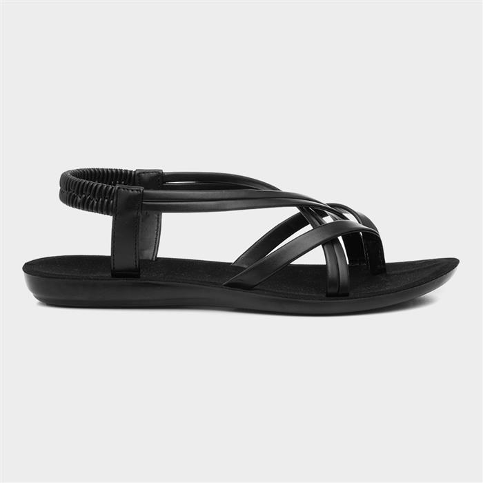 Womens Black Flat Strappy Toe Post Sandal