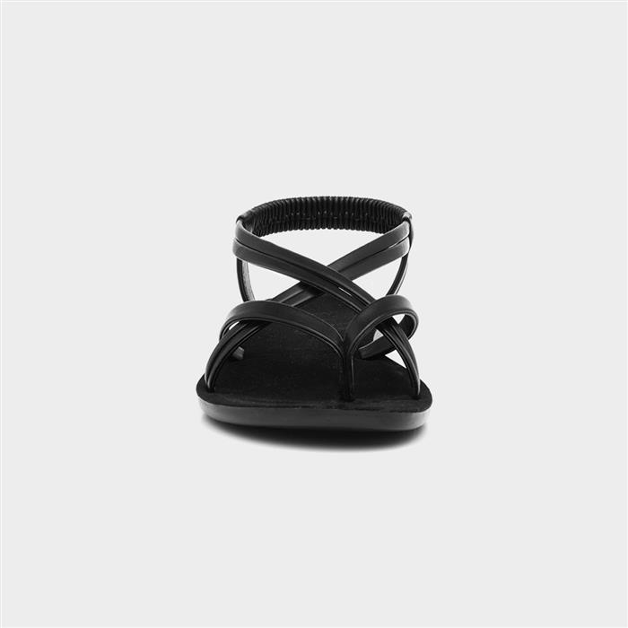 Womens Black Flat Strappy Toe Post Sandal