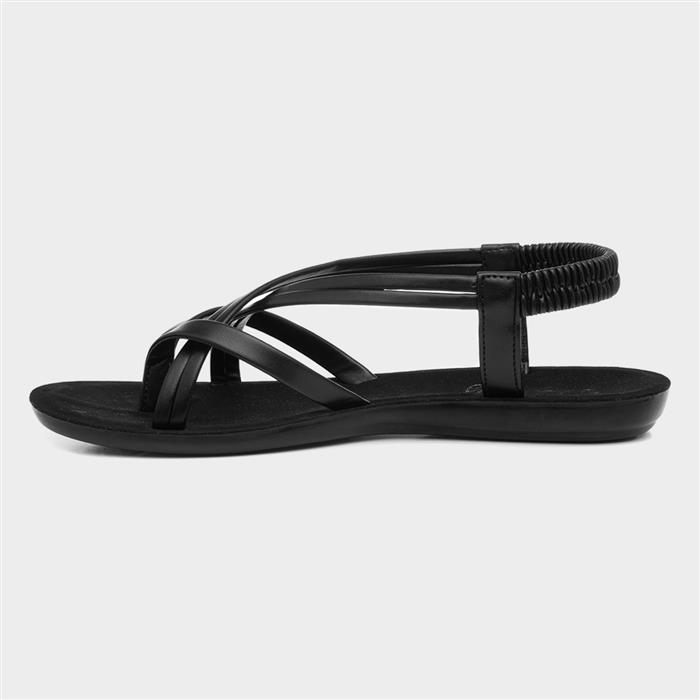 Womens Black Flat Strappy Toe Post Sandal