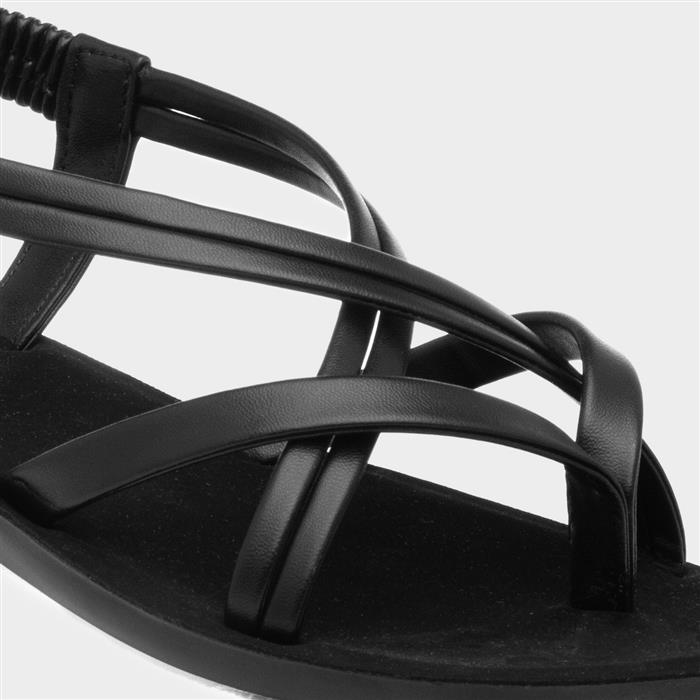 Womens Black Flat Strappy Toe Post Sandal