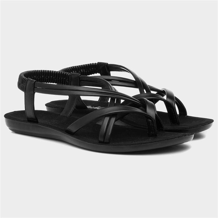 Womens Black Flat Strappy Toe Post Sandal
