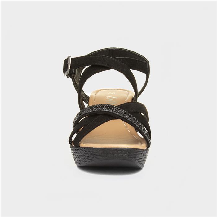 Womens Black Wedge Strappy Buckle Sandal