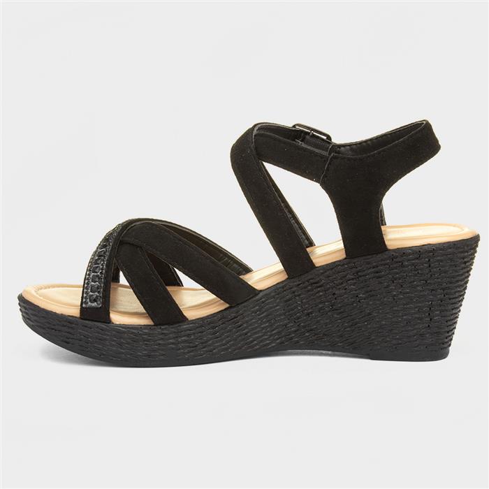 Womens Black Wedge Strappy Buckle Sandal