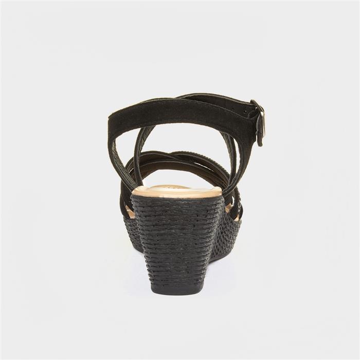 Womens Black Wedge Strappy Buckle Sandal