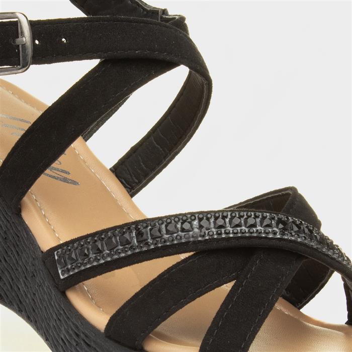 Womens Black Wedge Strappy Buckle Sandal