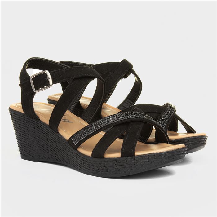 Womens Black Wedge Strappy Buckle Sandal