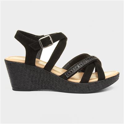 Womens Black Wedge Strappy Sandal