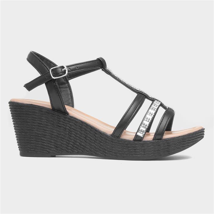Womens Black Wedge Diamante T-Bar Sandal