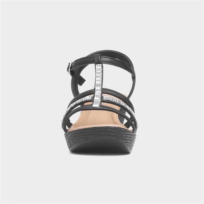Womens Black Wedge Diamante T-Bar Sandal