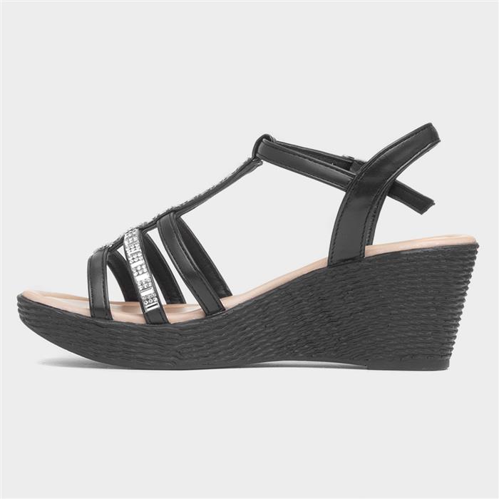 Womens Black Wedge Diamante T-Bar Sandal