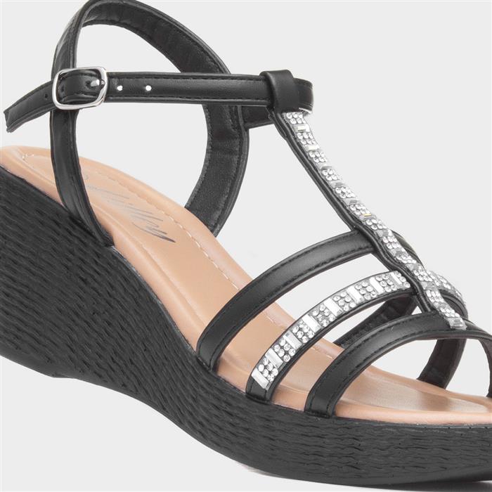 Womens Black Wedge Diamante T-Bar Sandal