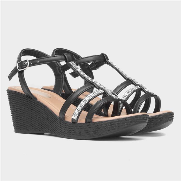 Womens Black Wedge Diamante T-Bar Sandal