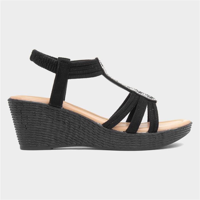 Womens Black Slip On Diamante Wedge Sandals