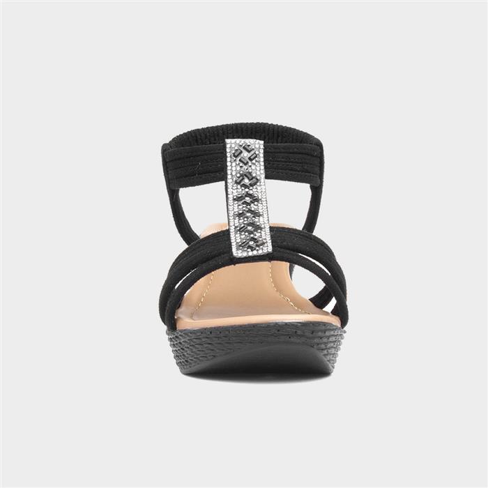 Womens Black Slip On Diamante Wedge Sandals