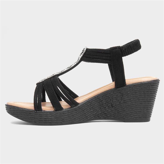 Womens Black Slip On Diamante Wedge Sandals