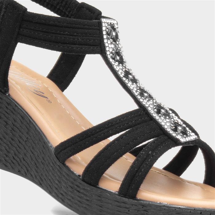 Womens Black Slip On Diamante Wedge Sandals