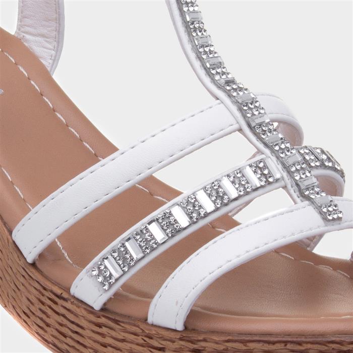 Womens White Wedge Diamante T-Bar Sandal