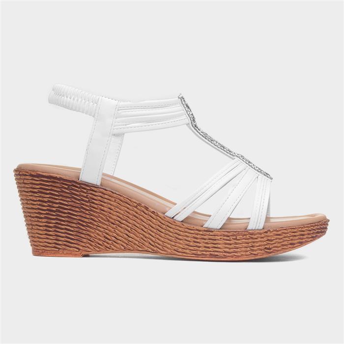 Womens White Diamante Slip On Wedge Sandal