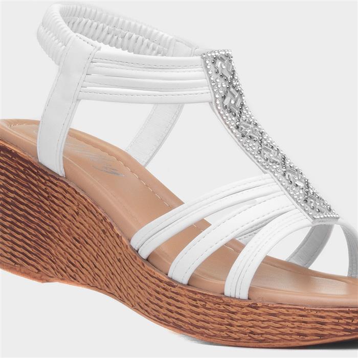 Womens White Diamante Slip On Wedge Sandal
