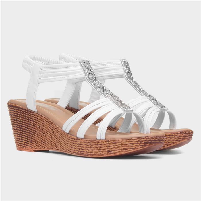 Womens White Diamante Slip On Wedge Sandal