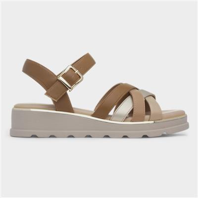 Ohio Womens Tan Strappy Wedge Sandal