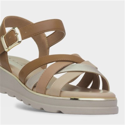 Ohio Womens Tan Strappy Wedge Sandal