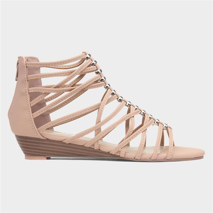 Womens Nude Wedge Strappy Gladiator Sandal
