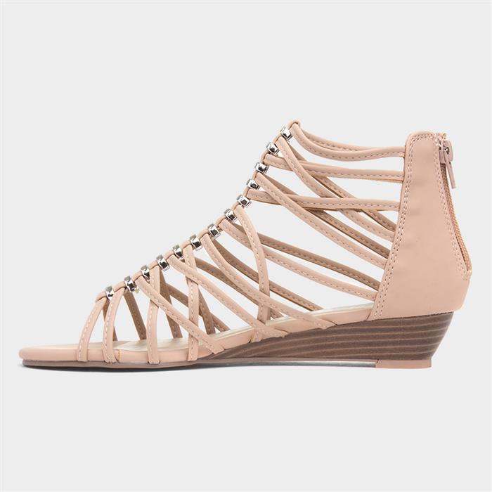 Womens Nude Wedge Strappy Gladiator Sandal