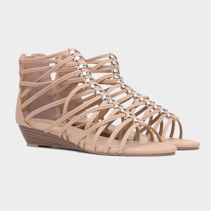 Womens Nude Wedge Strappy Gladiator Sandal