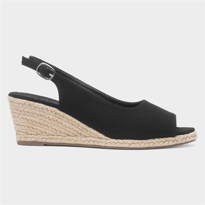 Womens Black Wedge Peep Toe Buckle Sandal