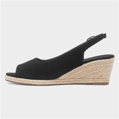 Womens Black Wedge Peep Toe Buckle Sandal