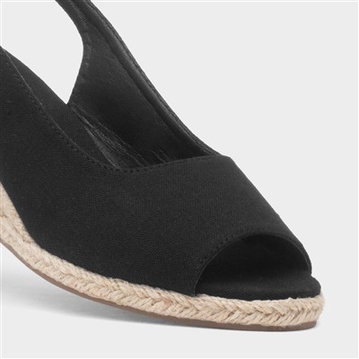 Womens Black Wedge Peep Toe Buckle Sandal