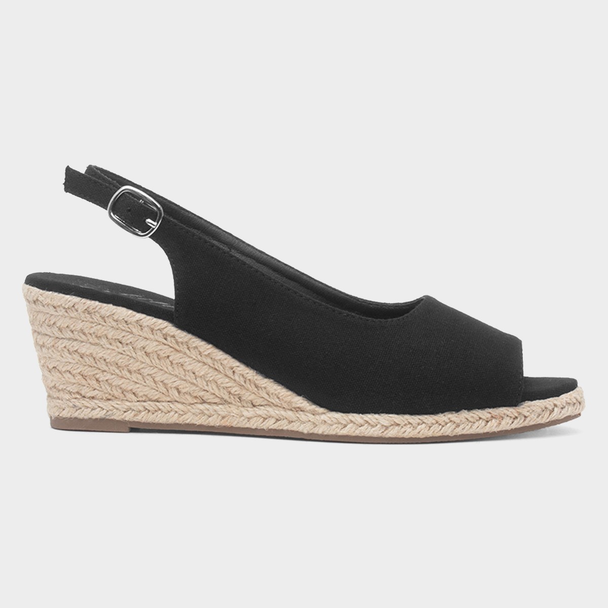 Womens Black Wedge Peep Toe Buckle Sandal