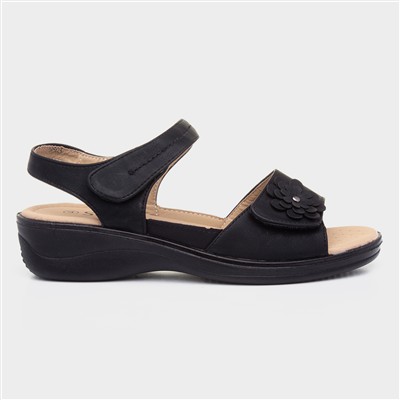 Womens Black Easy Fasten Flower Sandal