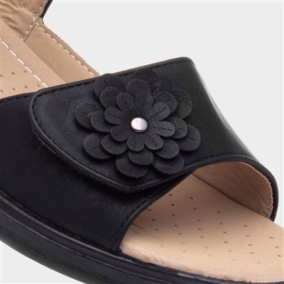 Womens Black Easy Fasten Flower Sandal