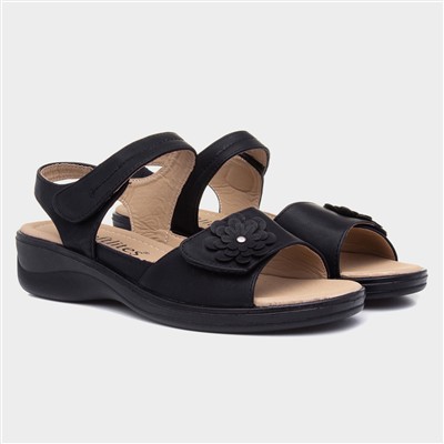 Womens Black Easy Fasten Flower Sandal