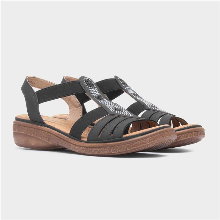 Womens Black Slip On Diamante Sandal