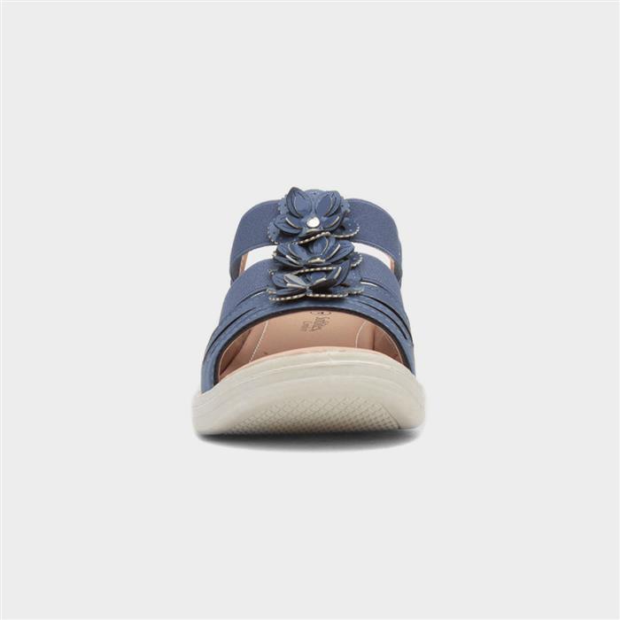 Womens Blue Wedge Flower Slip On Sandal